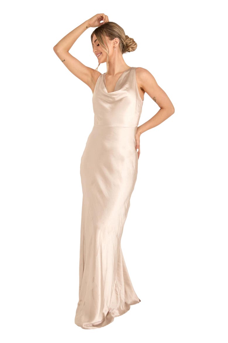 Cowl Front Satin Bridesmaid Dress, Main, color, Oyster