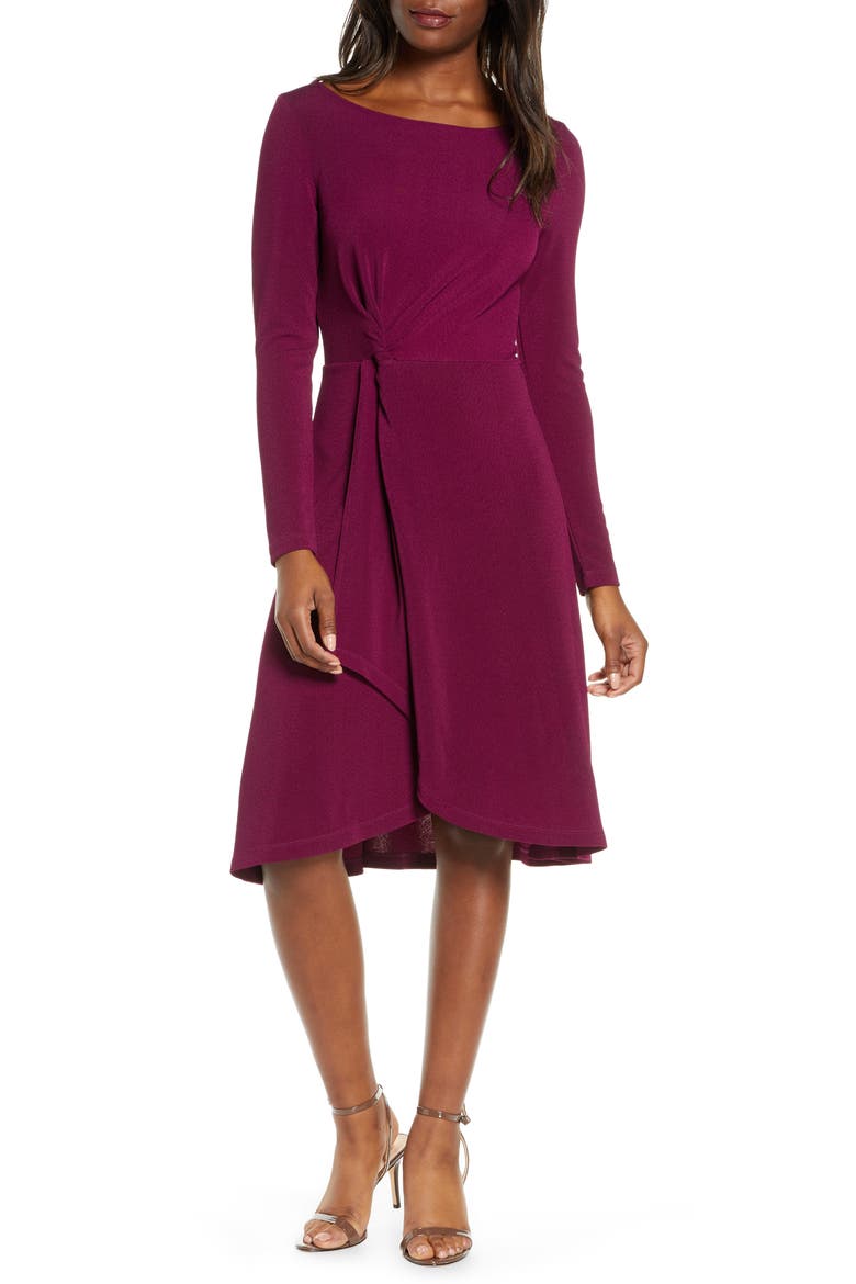 Erin Knot Waist Long Sleeve Textured Crepe Dress, Main, color, TEXTURED CREPE