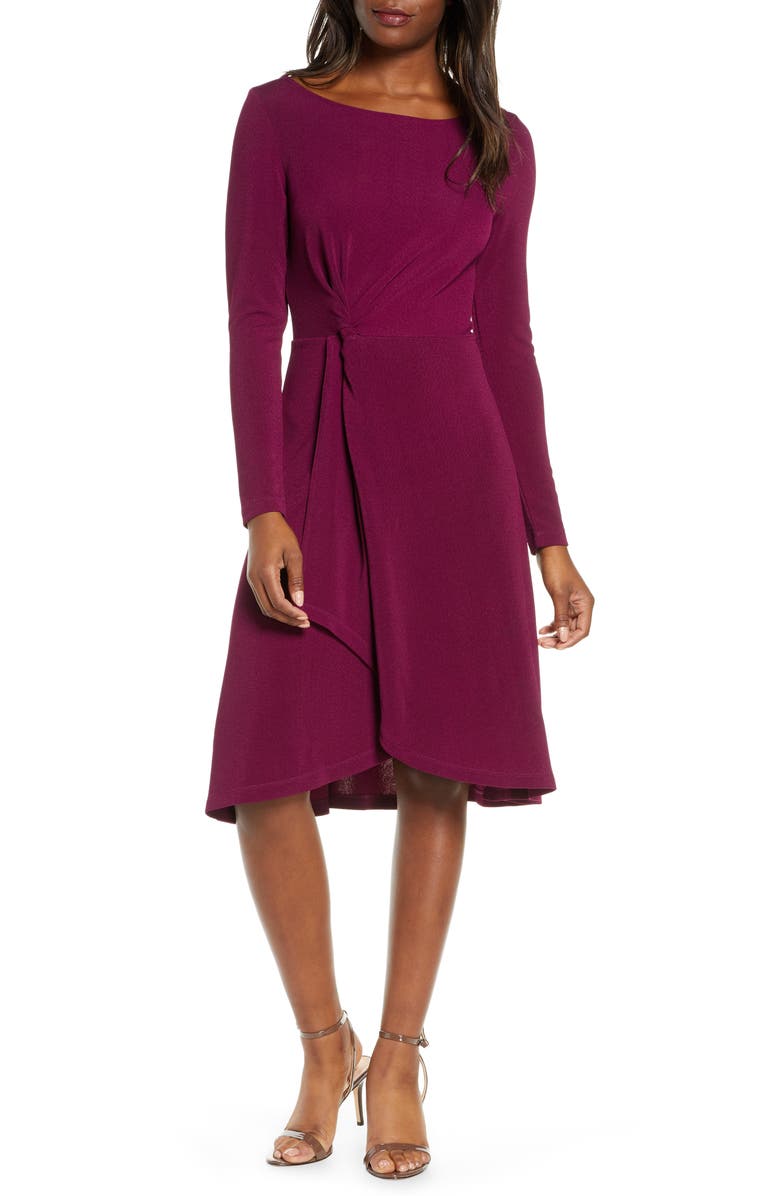 Leota Erin Knot Waist Long Sleeve Textured Crepe Dress, Main, color, 