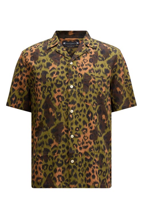 Allsaints Styx Leopard Print Ripstop Camp Shirt In Green