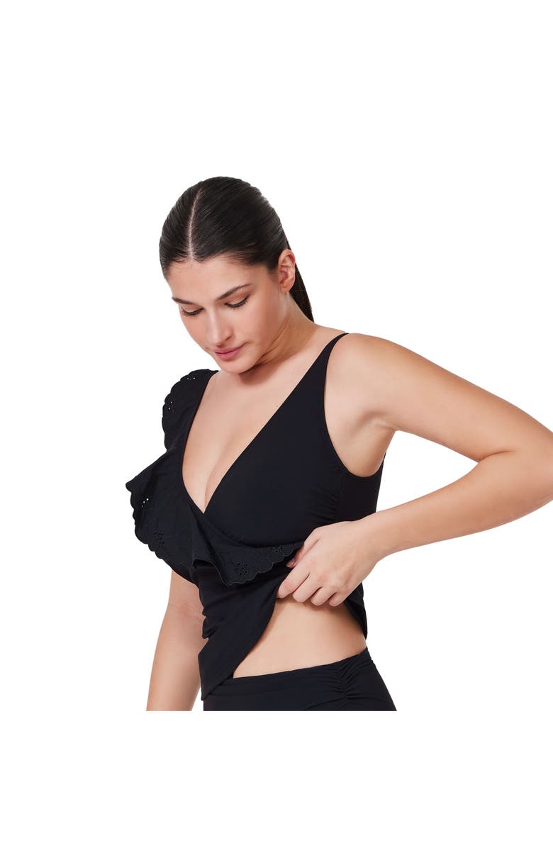 Profile by Gottex Bachelorette Ruffle V-Neck Surplice Tankini Top, Alternate, color, Black