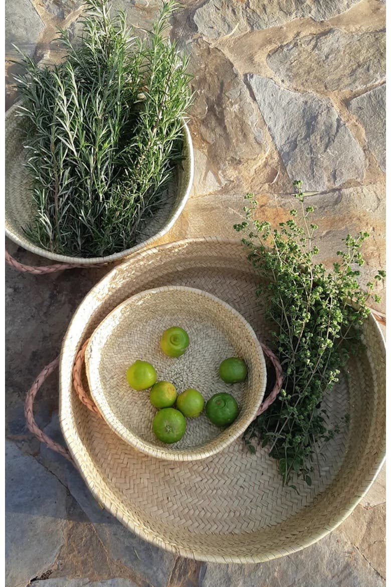 Handwoven Palm Tray with Leather Handles, Alternate, color, Natural