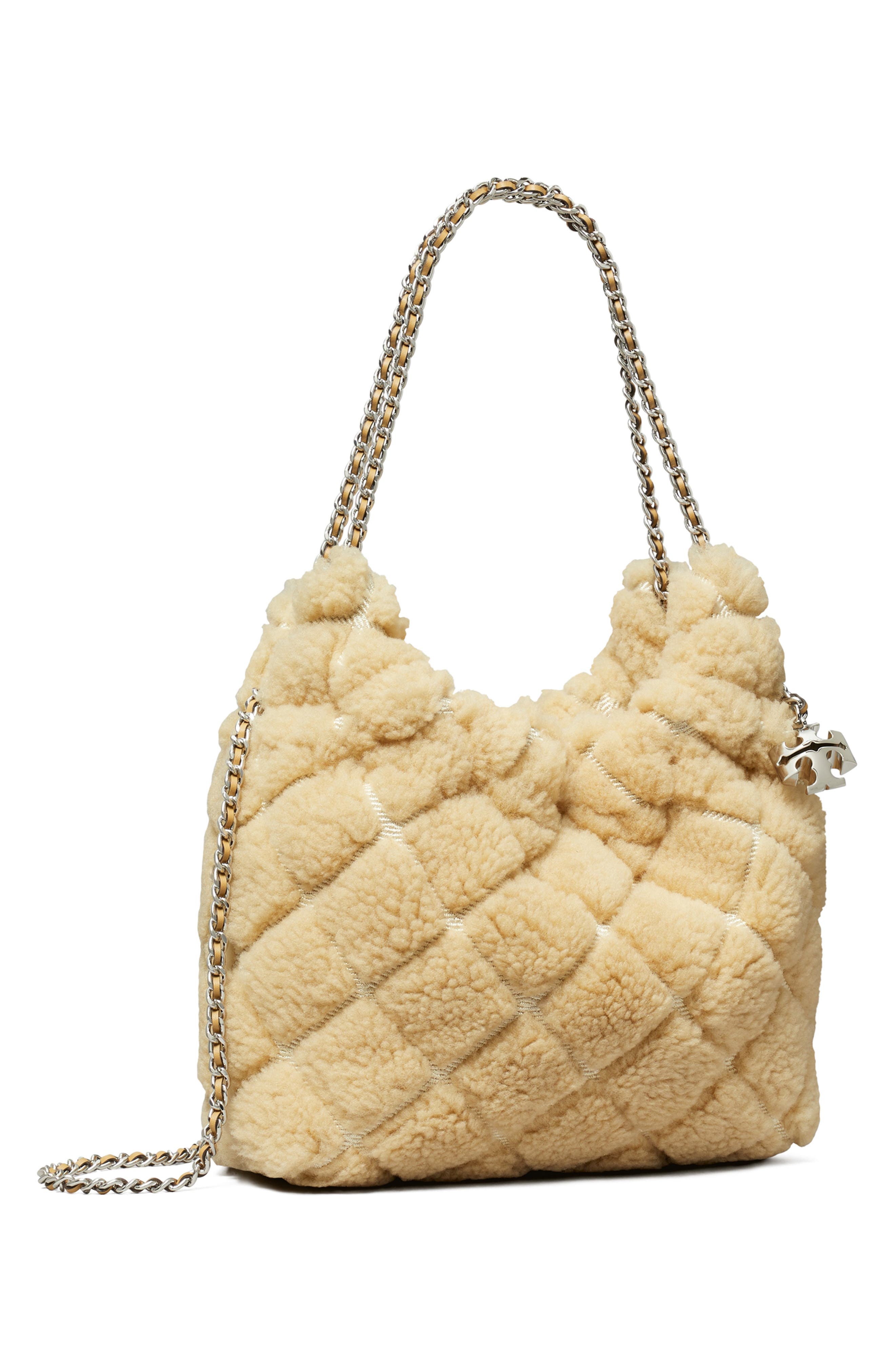 Tory Burch Fleming Genuine Shearling Hobo Bag, Alternate, color, Ivory