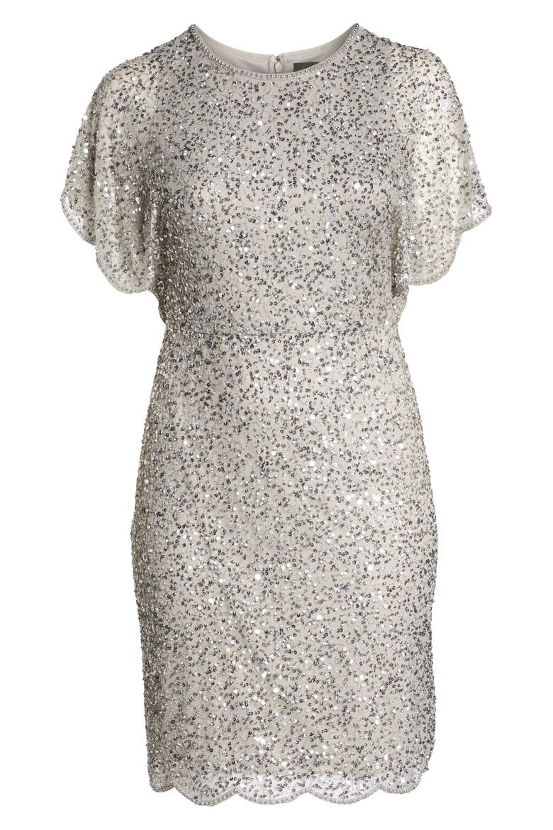 Beaded Flutter Sleeve Sheath Dress, Alternate, color, SILVER