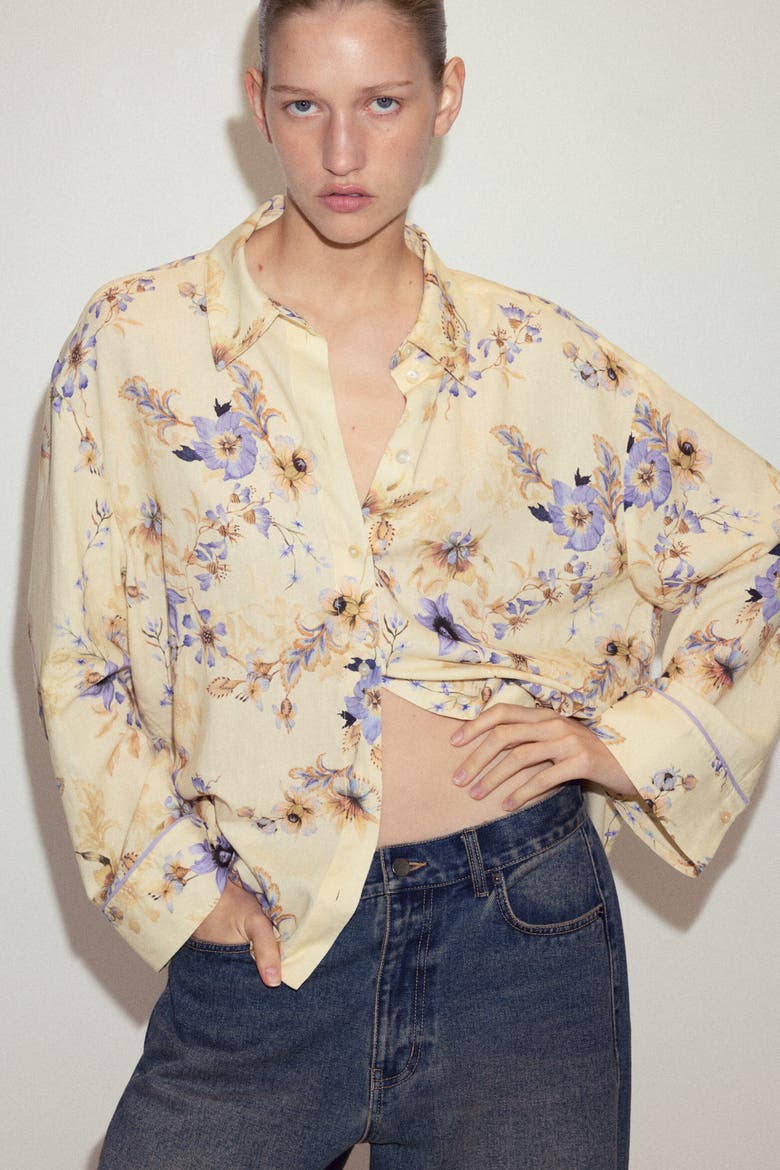 Oversized Linen-blend Shirt, Alternate, color, Light yellow/floral