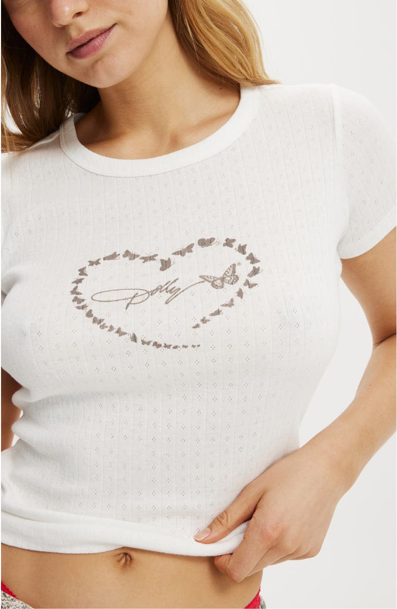 Cotton On Women's Fitted Graphic Pointelle Lcn Longline Tee, Alternate, color, Lcn Dol Dolly Butterfly