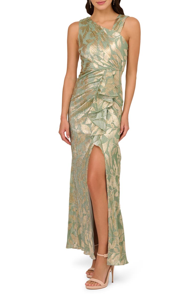 Adrianna Papell Foil Asymmetric Neck Gown, Main, color, Sage/ Gold