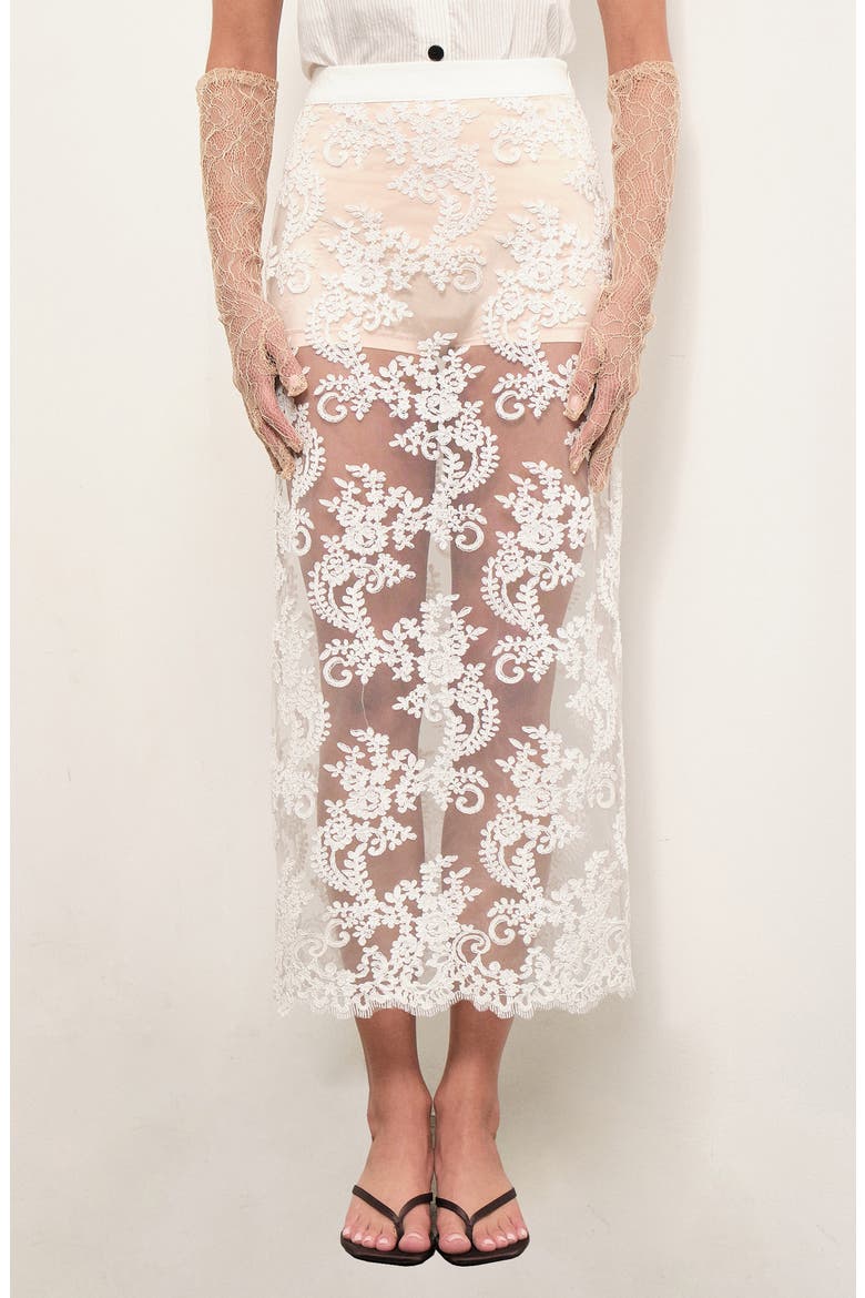 Cora Floral Lace Sheer Mesh Midi Skirt, Main, color, WHITE MESH LACE