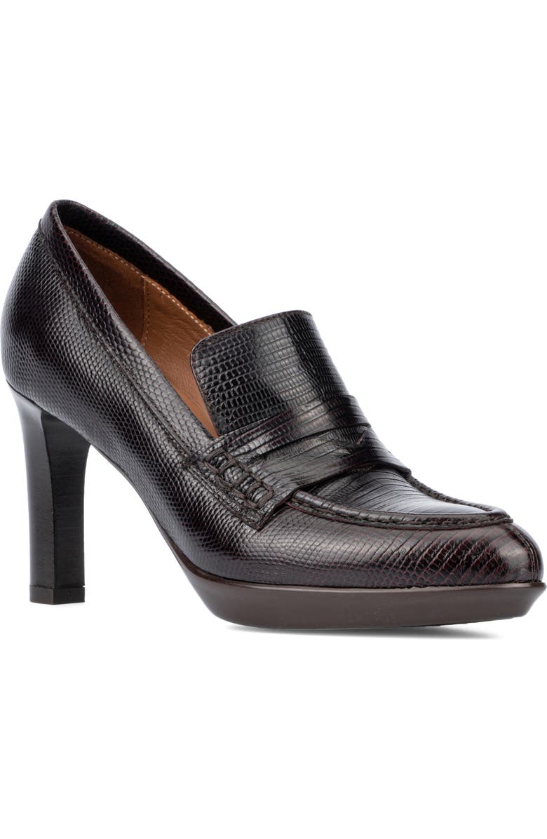 Aquatalia Rella Weatherproof Mini Lizard Embossed Penny Loafer Pump, Main, color, Deep Wine