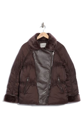Hudson Jeans Faux Fur Collar Quilted Bomber Jacket In Brown