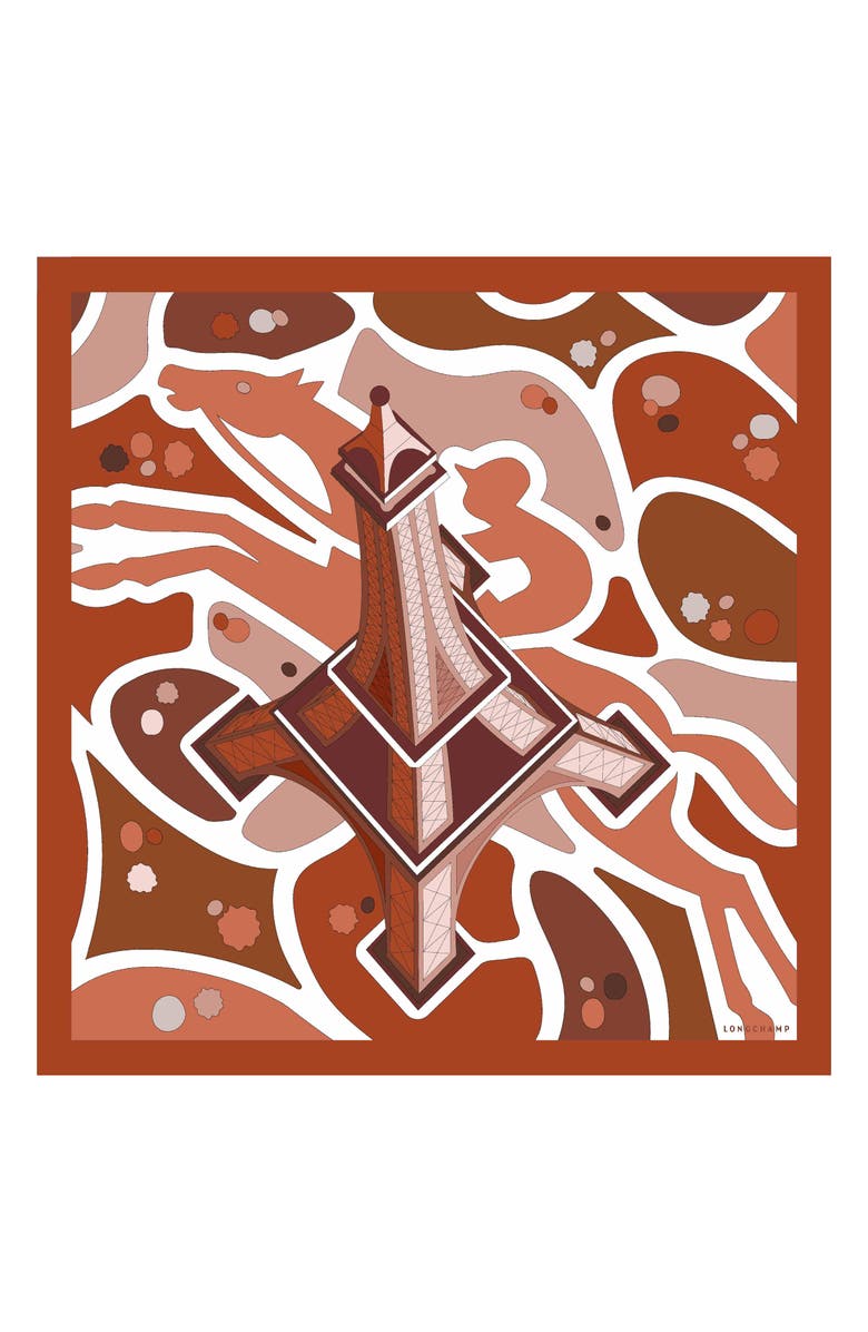 Longchamp Eiffel Tower Rider Silk Square Scarf, Main, color, Marmalade