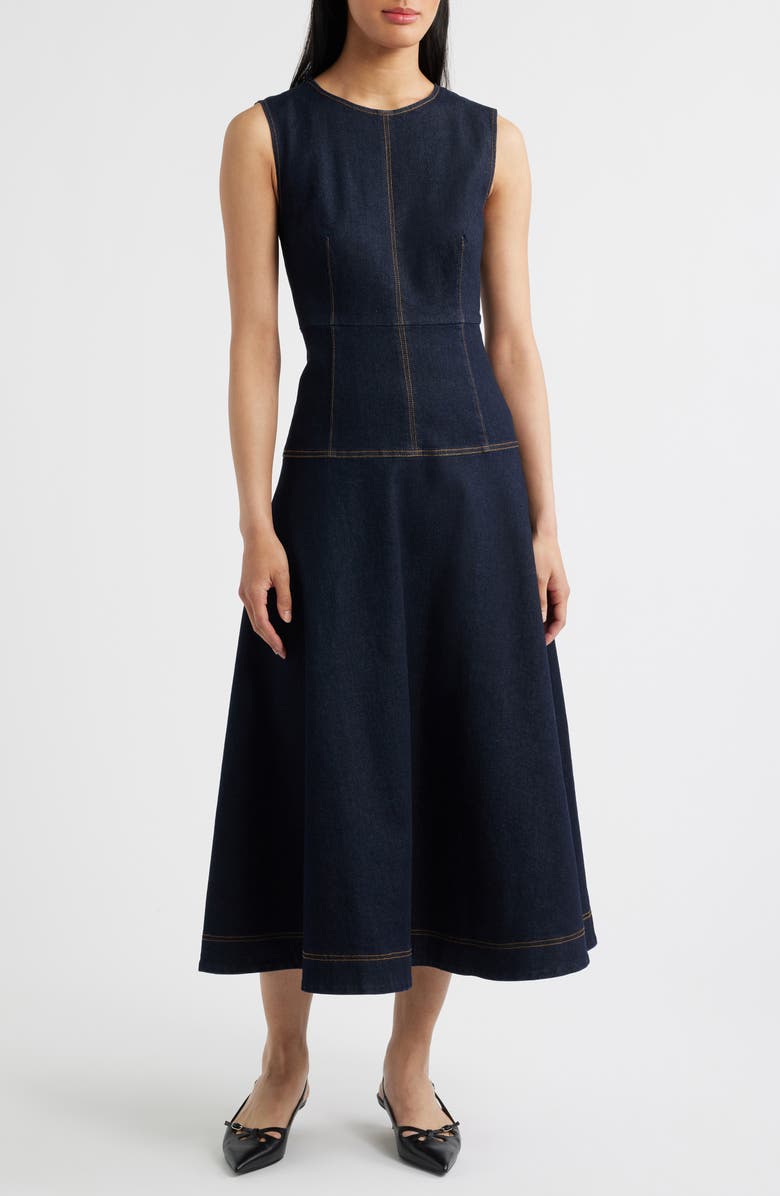 ZOE AND CLAIRE Sleeveless Denim A-Line Midi Dress, Main, color,