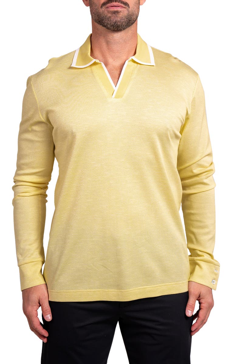 Maceoo Ascension0003 Yellow Johnny Collar Long Sleeve Textured Cotton Polo, Main, color, Yellow
