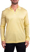 Maceoo Ascension0003 Yellow Johnny Collar Long Sleeve Textured Cotton Polo