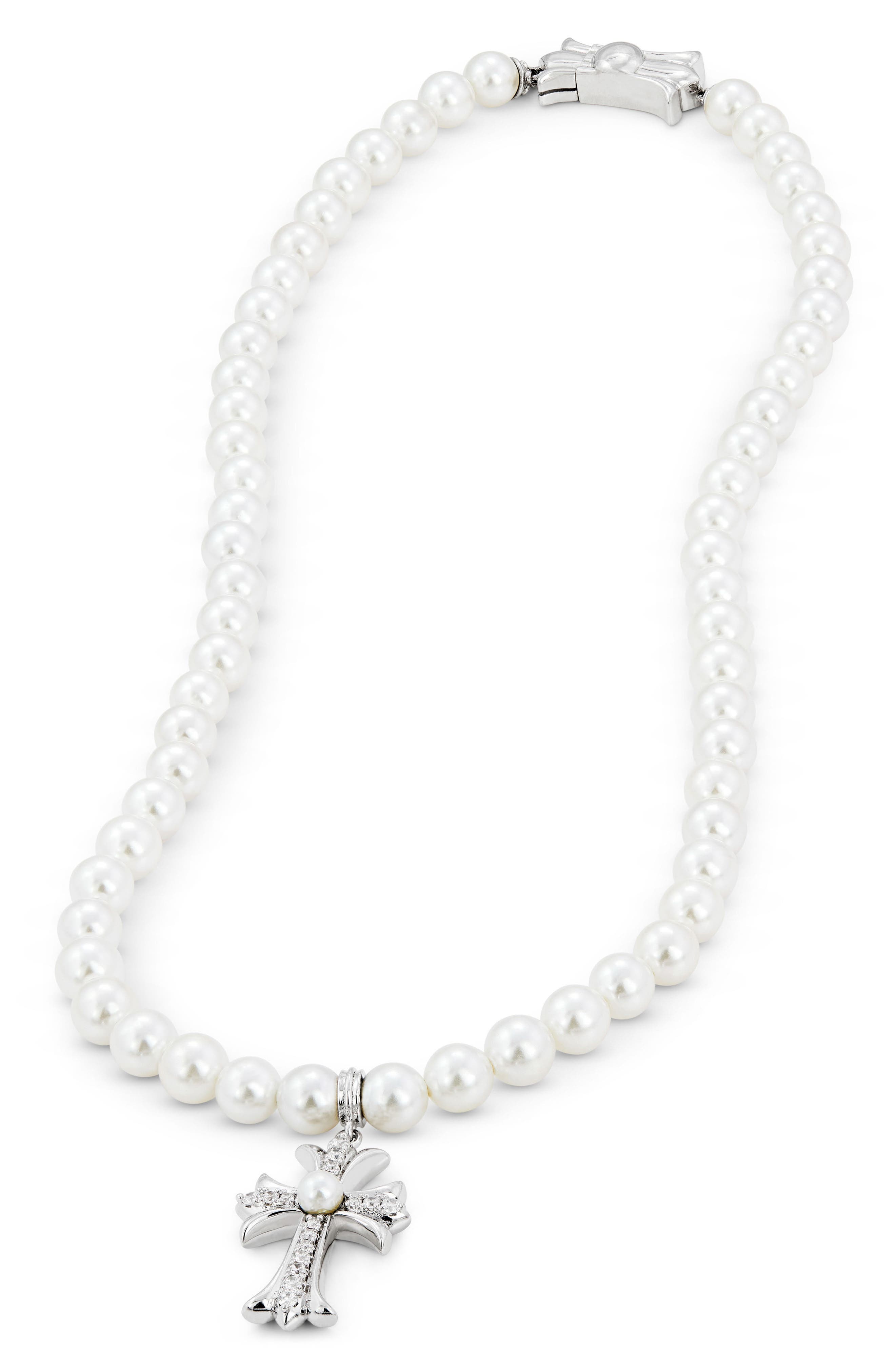 Pearly Bead Cross Pendant Necklace