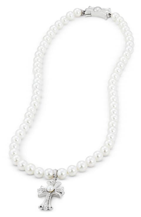 Pearly Bead Cross Pendant Necklace