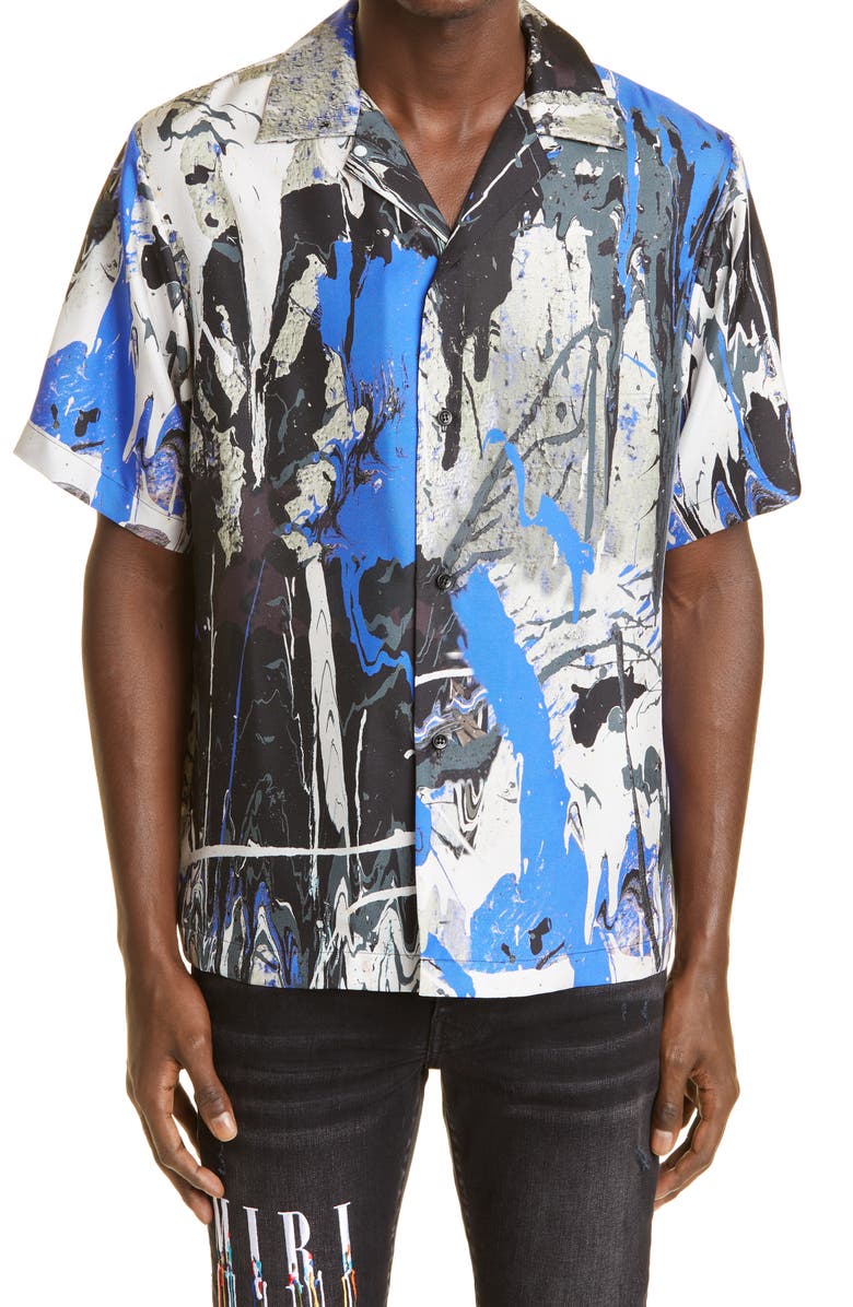 AMIRI Paint Splatter Button-Up Silk Camp Shirt, Main, color,