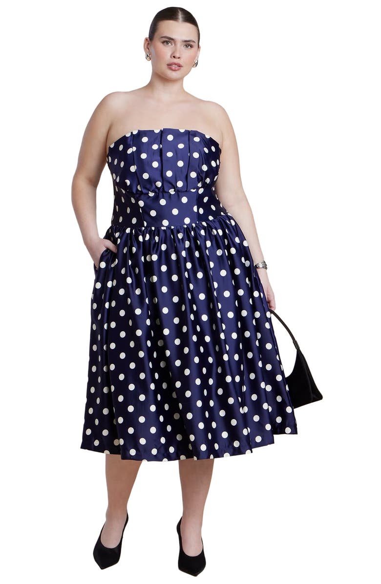 ELOQUII Strapless Polka Dot Flare Midi Dress, Main, color, Evening Dot