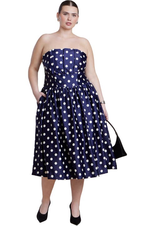 Strapless Polka Dot Flare Midi Dress (Plus)