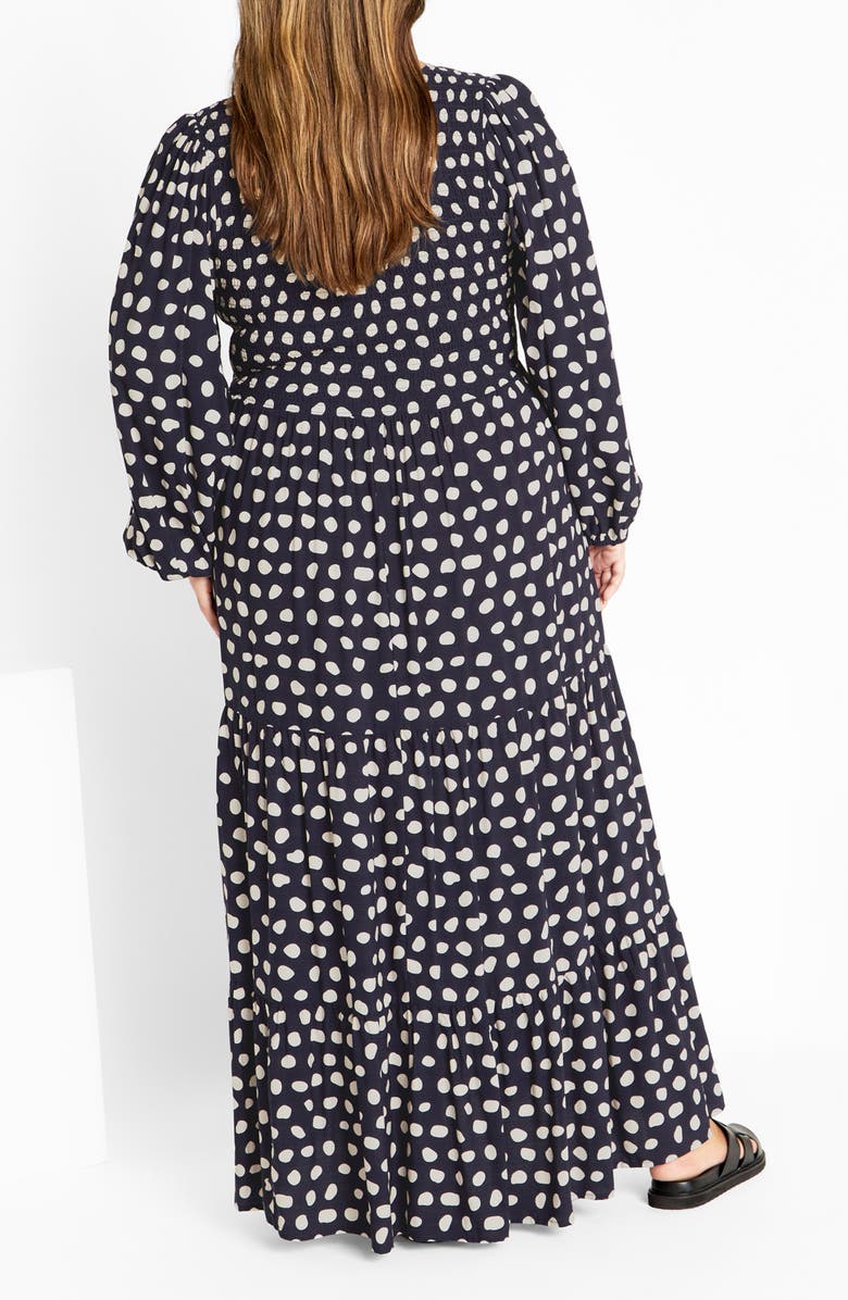 City Chic Adley Printed Smocked Bodice Long Sleeve Maxi Dress, Alternate, color, Spot