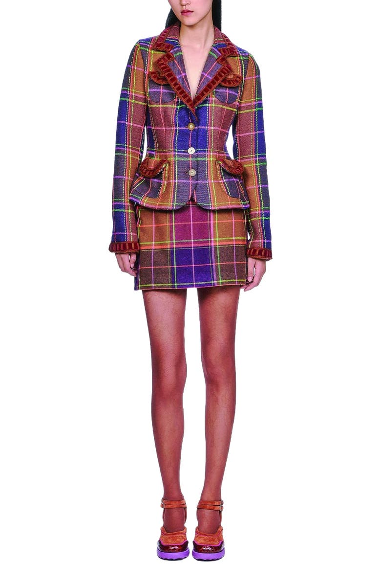 Anna Sui Caramel and Magenta Plaid Ribbon Jacket, Main, color,