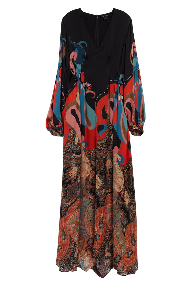 Paisley Long Sleeve Silk Maxi Dress, Main, color, PRINTED BLACK BASE