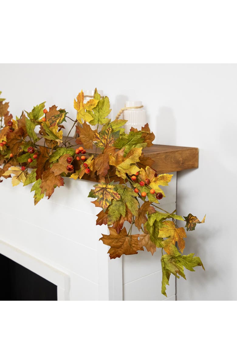 Northlight Maple Leaves and Berries Artificial Fall Harvest Garland - 5' x 8" - Brown and Orange, Alternate, color, Brown