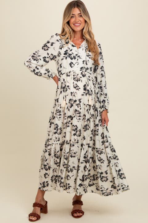 Floral Button Front Tiered Long Sleeve Maxi Dress