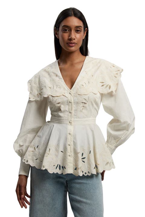 Cutwork Detail V-neck Peplum Blouse