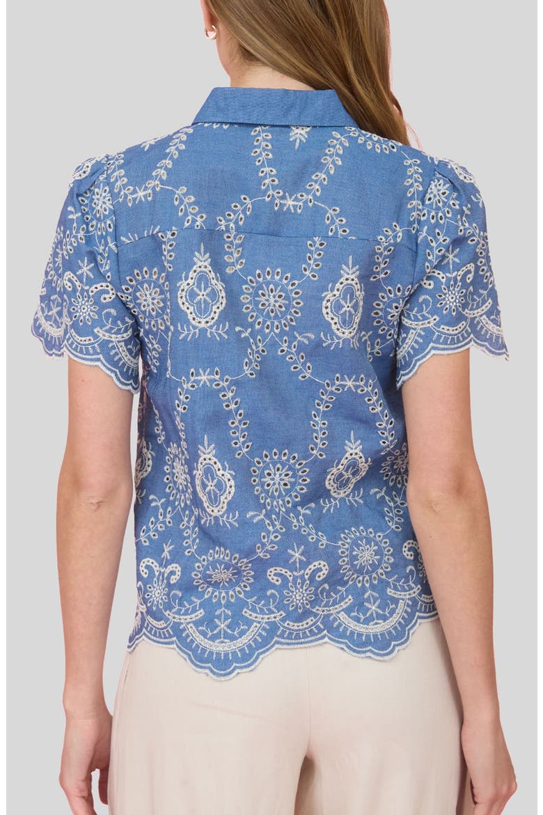 Embroidered Eyelet Cotton Button-Up Top, Alternate, color, BLUE