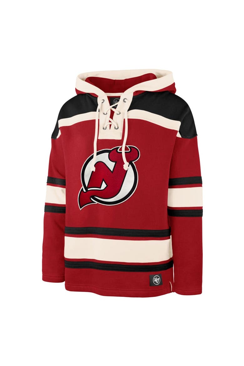 Men's '47 Jack Hughes Red New Jersey Devils Big & Tall Lace-up Pullover Hoodie, Alternate, color, Red
