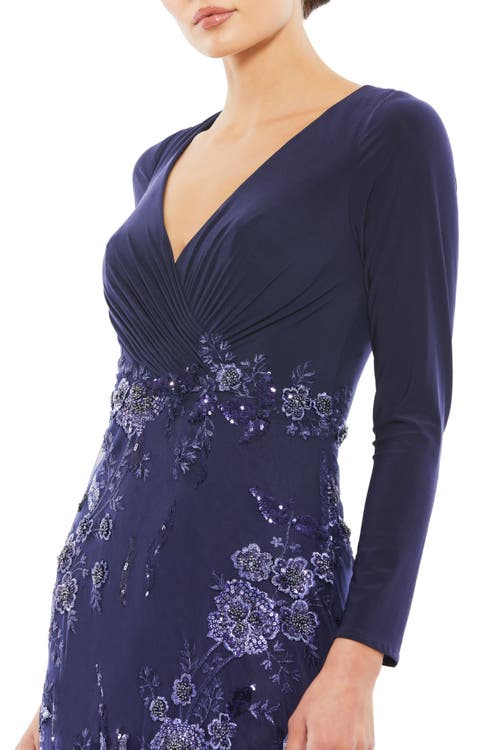 Mac Duggal Embellished Long Sleeve Wrap Over Trumpet Gown In Midnight
