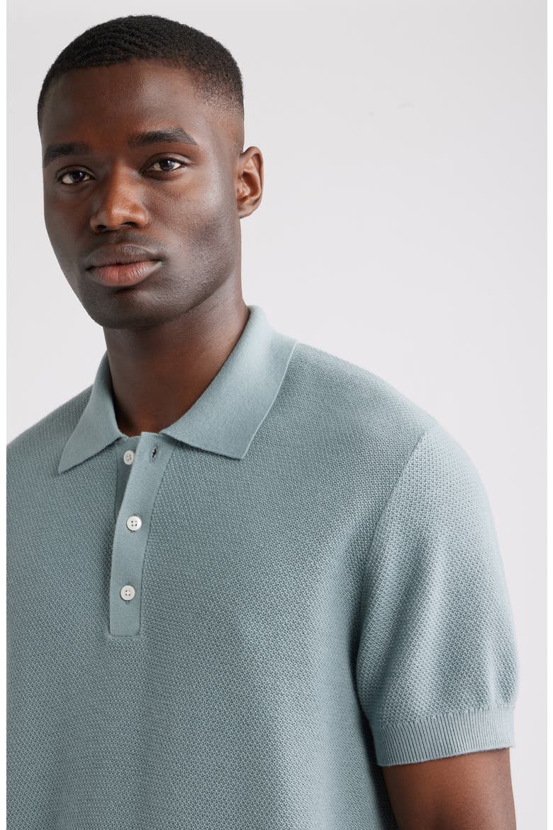 Short Sleeve Textured Cotton & Silk Polo Sweater, Alternate, color, BLUE SPRUCE