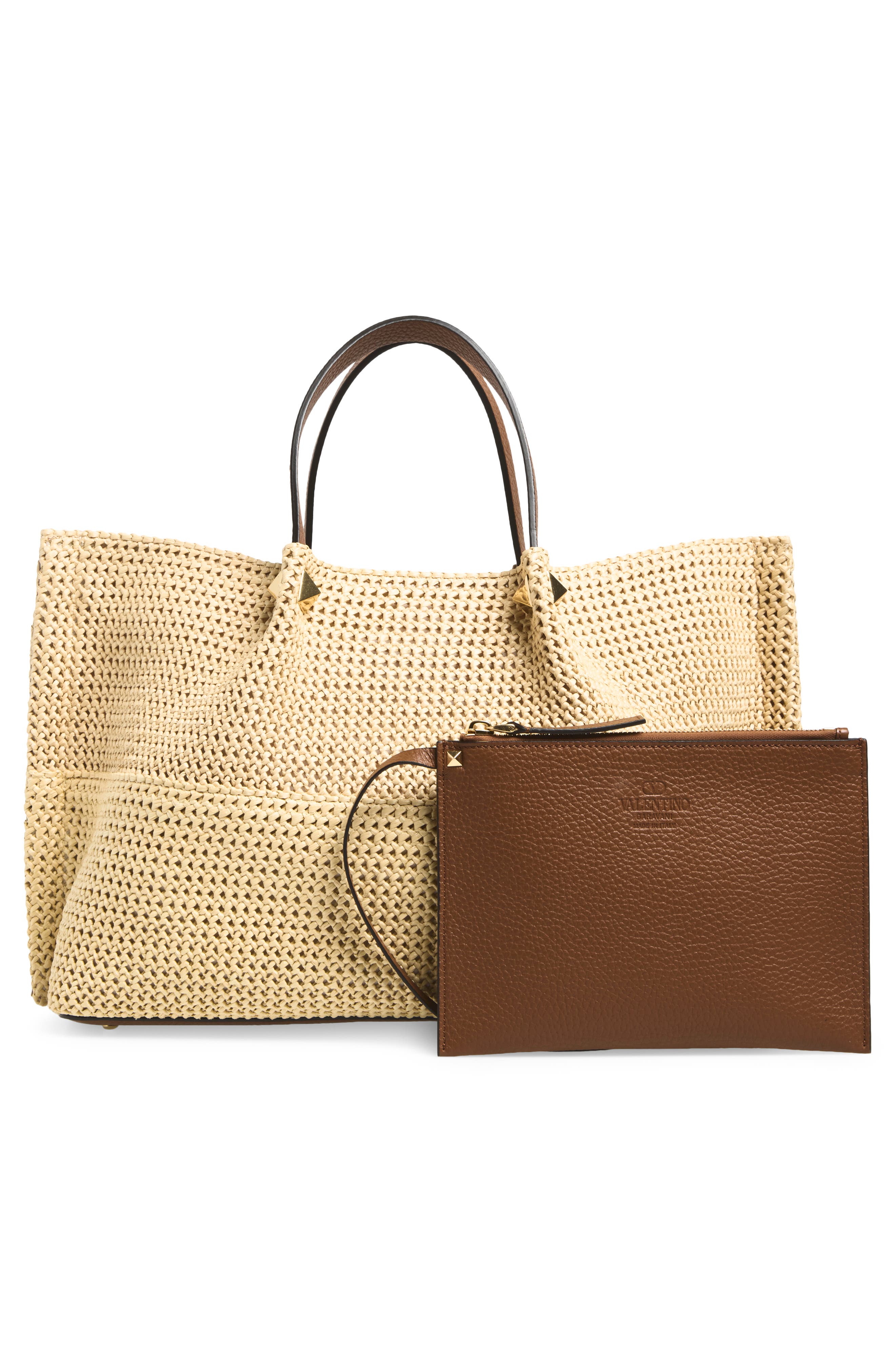 Medium VLOGO Signature Straw & Leather Tote, Alternate, color, NATURAL MULTI