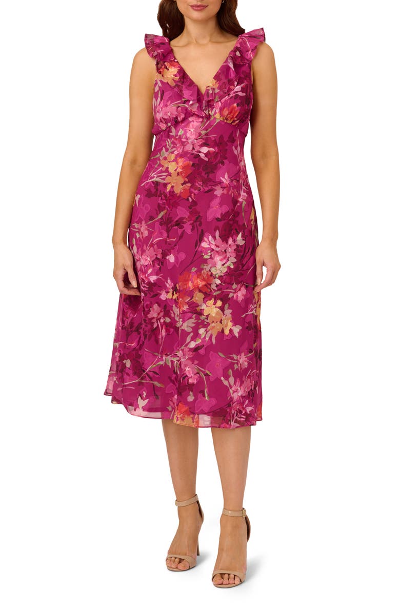 Adrianna Papell Floral Print Ruffle Metallic Dress, Main, color, 