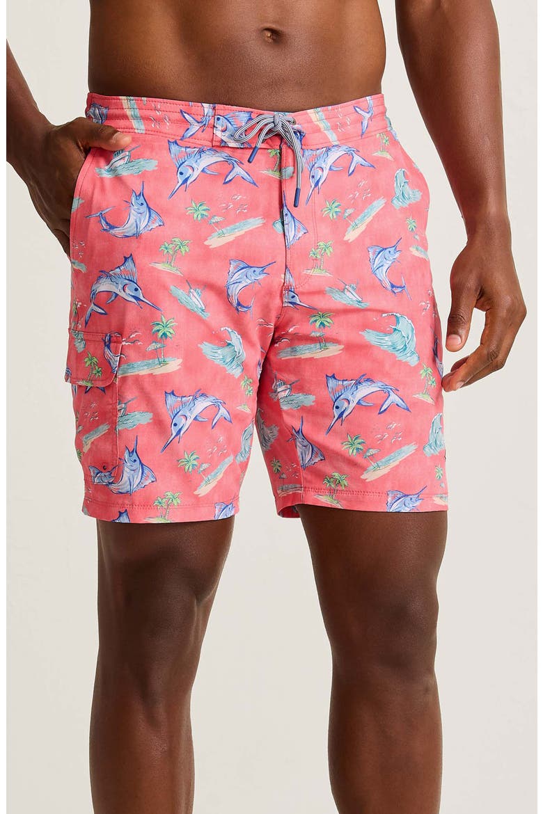 Baja Del Marlin Print Board Shorts, Main, color, MELON BERRY