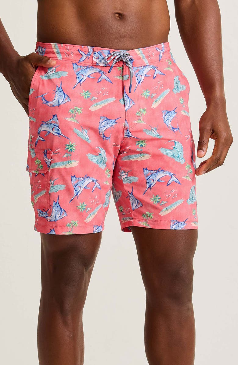 Tommy Bahama Baja Del Marlin Print Board Shorts, Main, color, Melon Berry
