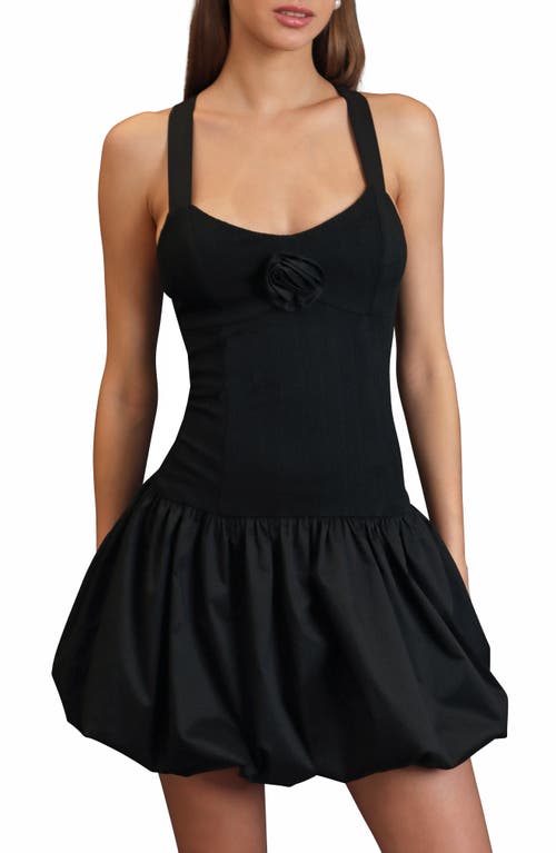 Avec Les Filles Halter Rosette Drop-waist Bubble Mini Dress In Black