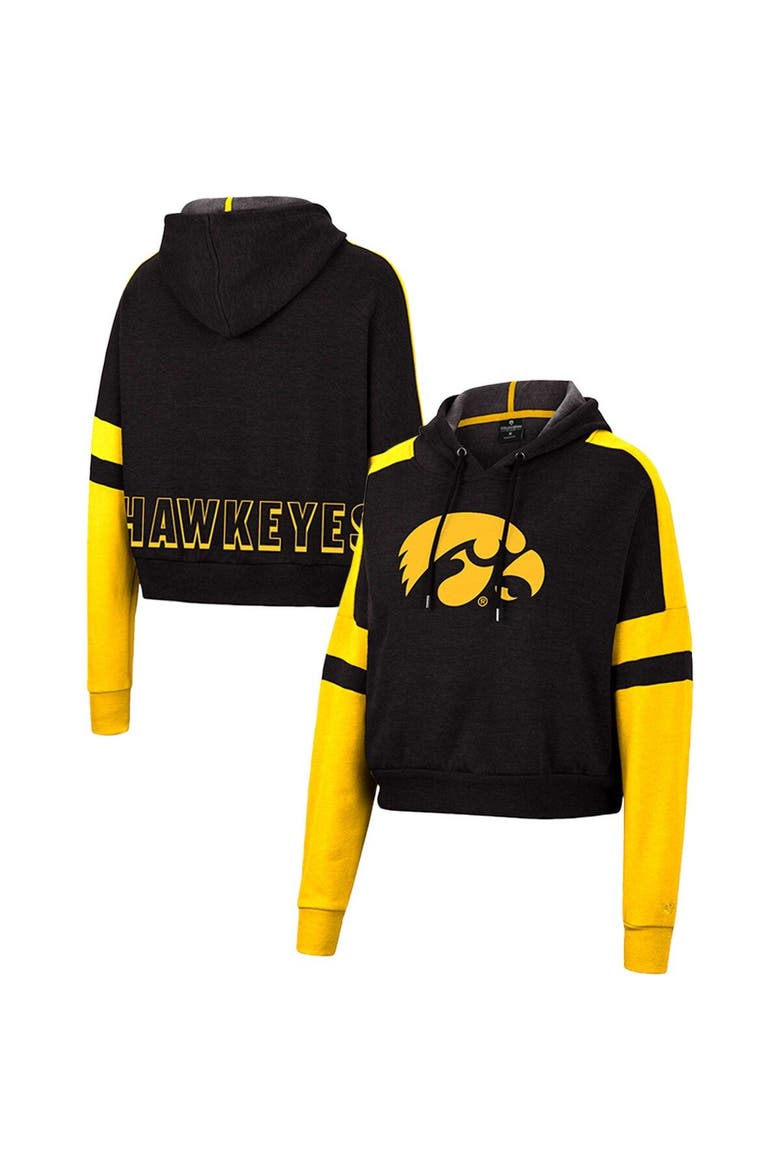 Women's Colosseum Black Iowa Hawkeyes Throwback Stripe Arch Logo Cropped Pullover Hoodie, Main, color, Black