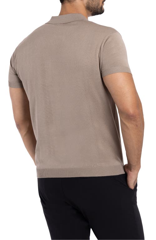 Spring + Mercer Cable Short Sleeve Johnny Collar Sweater In Taupe
