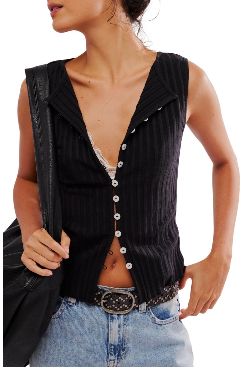 Tilly Rib Button-Up Top, Main, color, BLACK