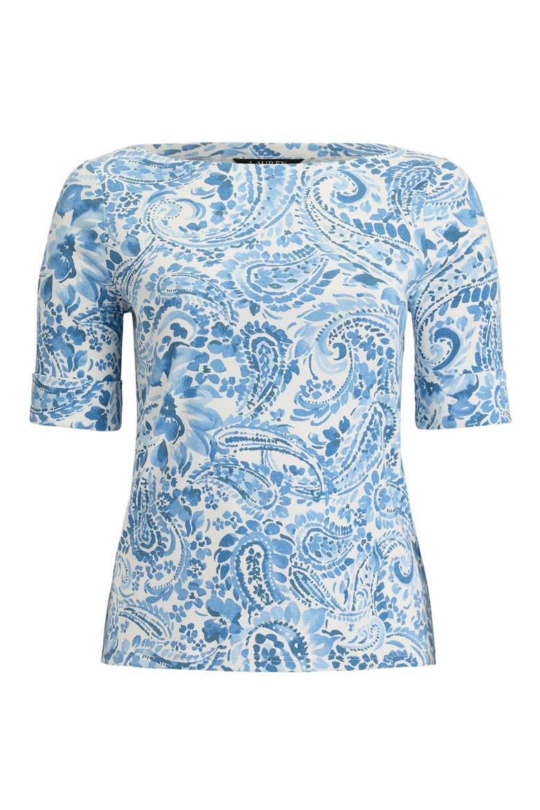 Paisley Print Boat Neck T-Shirt, Alternate, color, WHITE/ BLUE