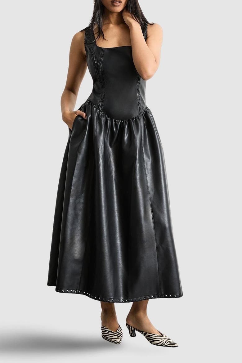 Faux Leather Whipstitch Trim Midi Dress, Alternate, color, Black