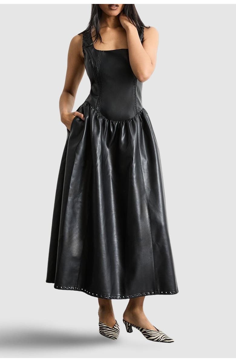 Warehouse Faux Leather Whipstitch Trim Midi Dress, Alternate, color, Black