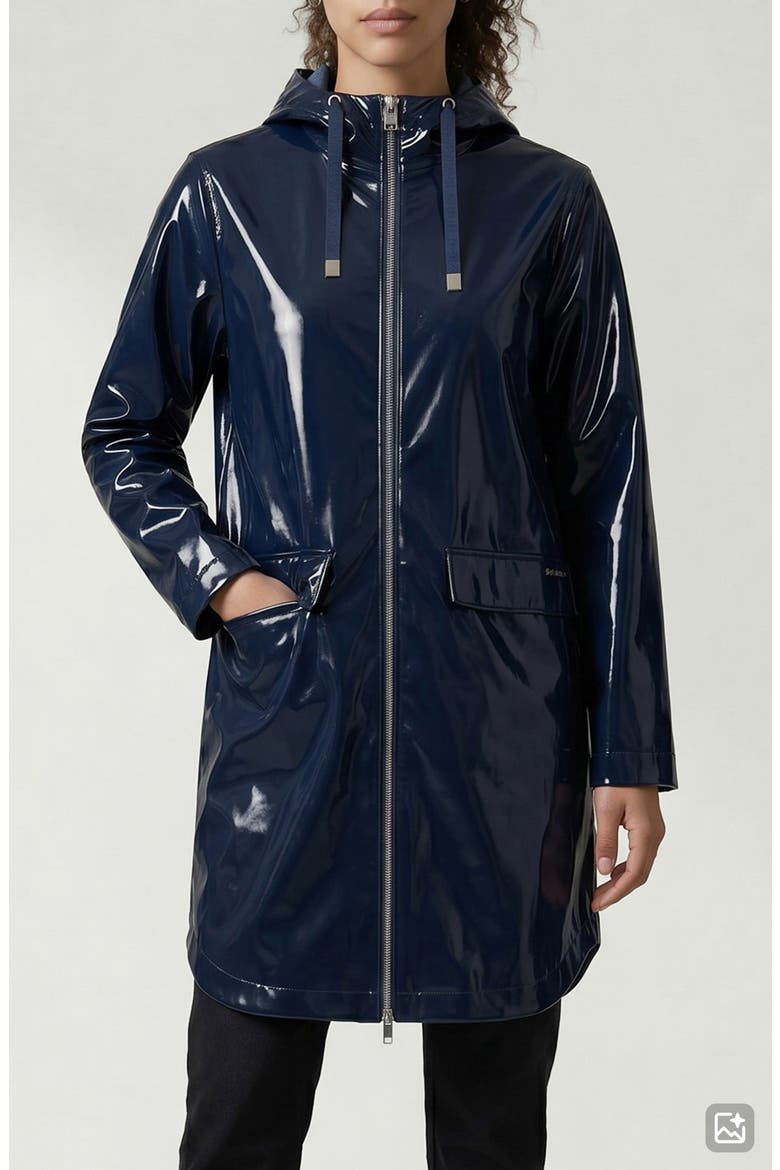 Janae Coated Vinyl Hooded Raincoat, Alternate, color, NAVY VINYL
