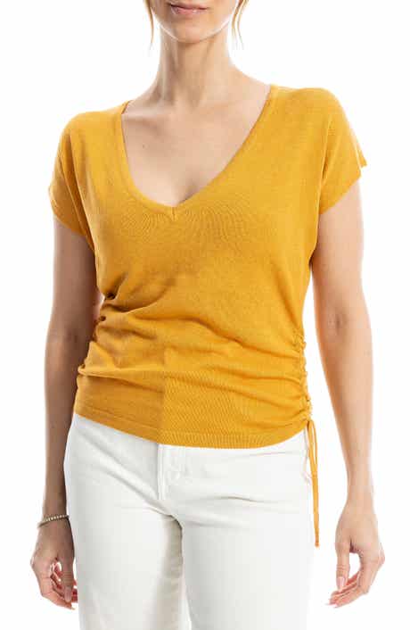 Side Ruched Short Sleeve V-Neck Sweater