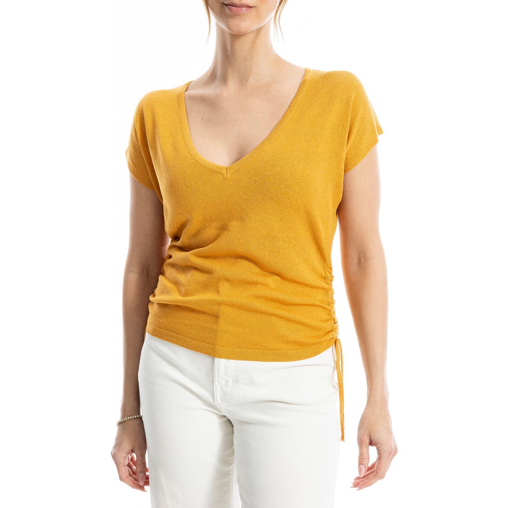 Max Studio Side Ruched Short Sleeve V-neck Sweater In Persimmon