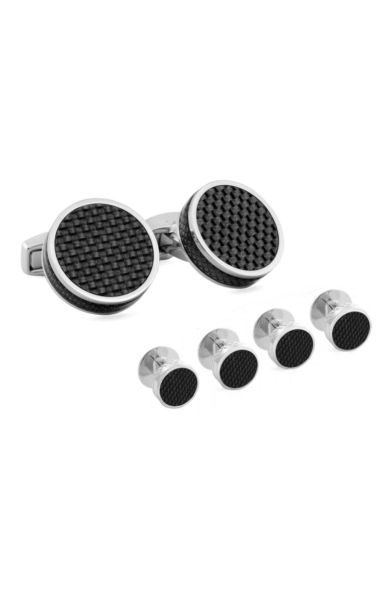 Carbon Fiber Formal Cuff Link and Shirt Stud Set, Main, color, BLACK