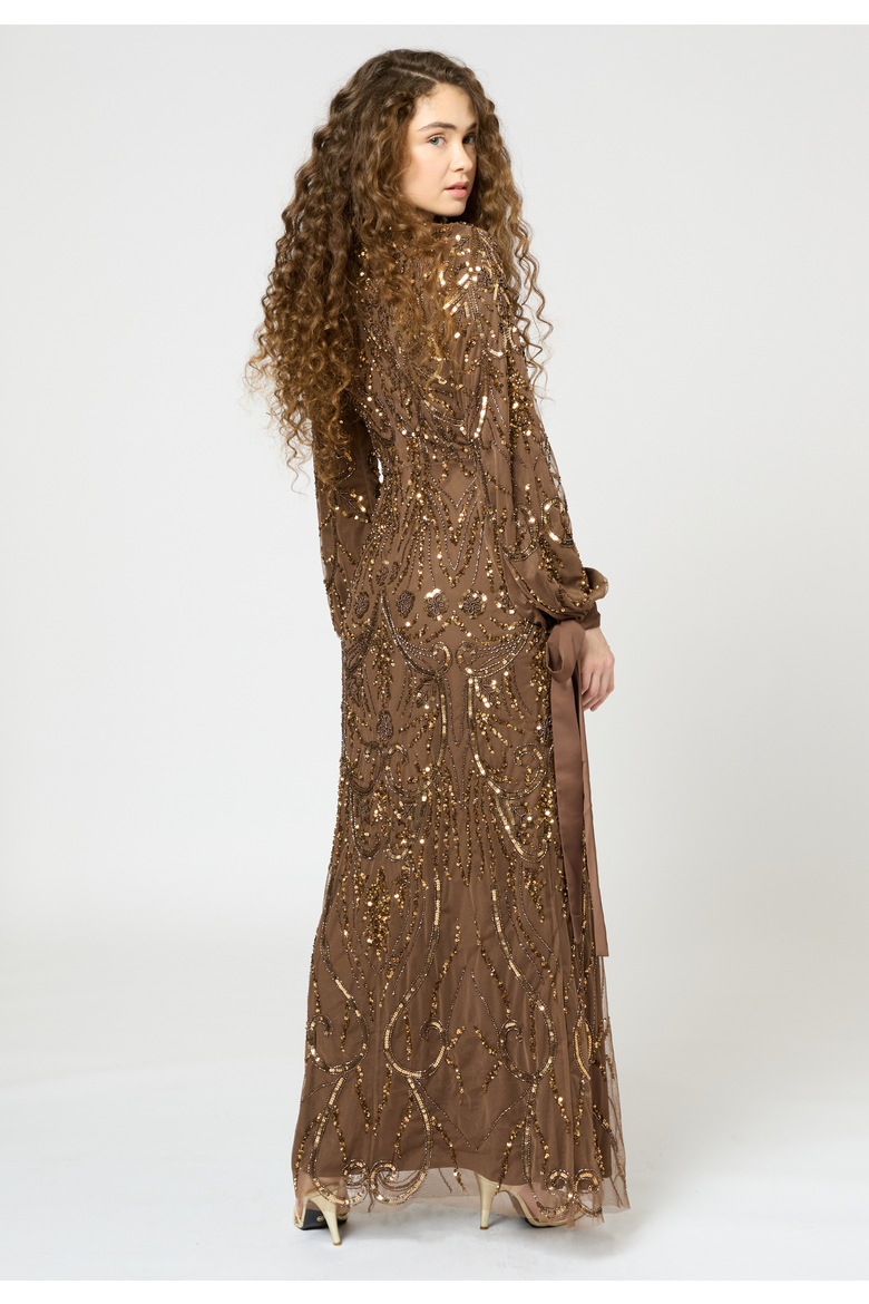Modest Embellished Sequin Beaded Dress Maxi With Ribbon Design Sleeves, Alternate, color, CHOCOLATE
