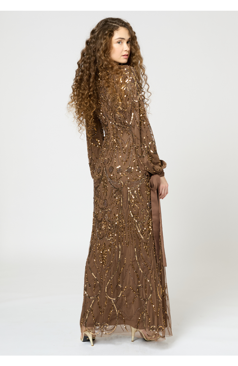 MARYISA Modest Embellished Sequin Beaded Dress Maxi With Ribbon Design Sleeves, Alternate, color, Chocolate
